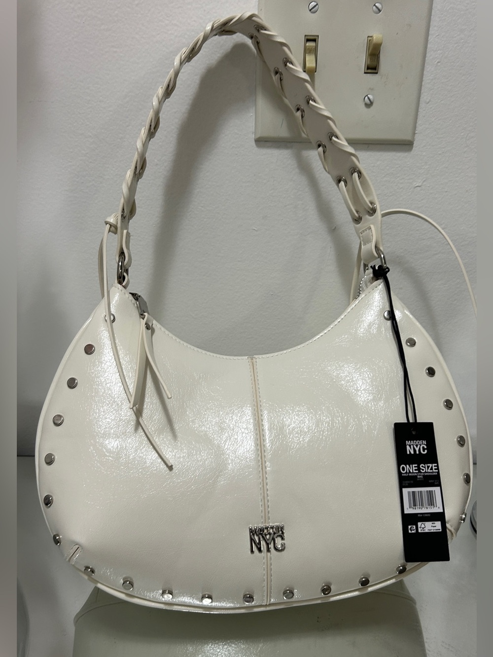 Madden NYC White Studded Half Moon Hobo Shoulder Bag Y2K NWT